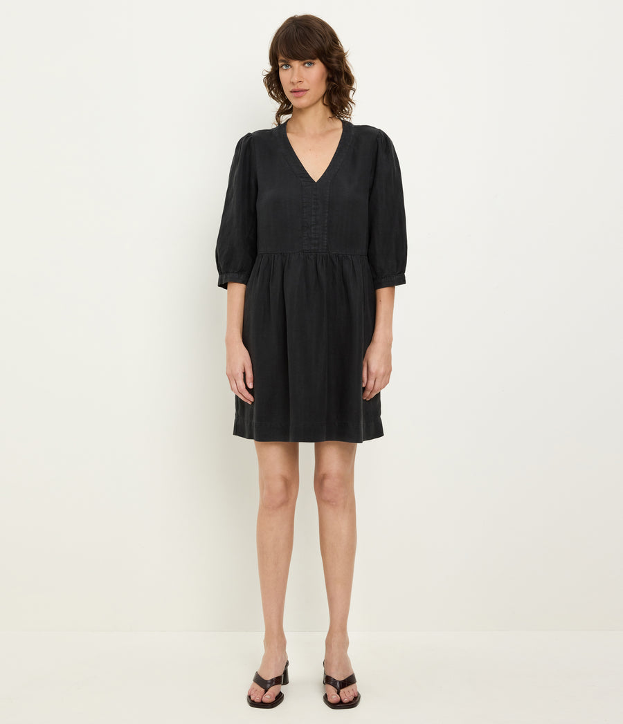 Brielle Linen Mini Dress in Black Full Body View #BLACK