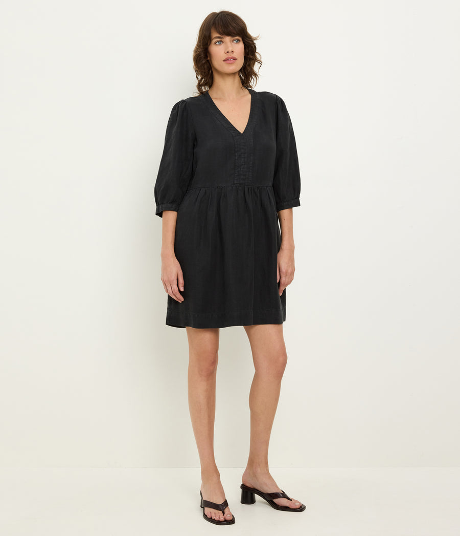 Brielle Linen Mini Dress in Black Full Body View #BLACK