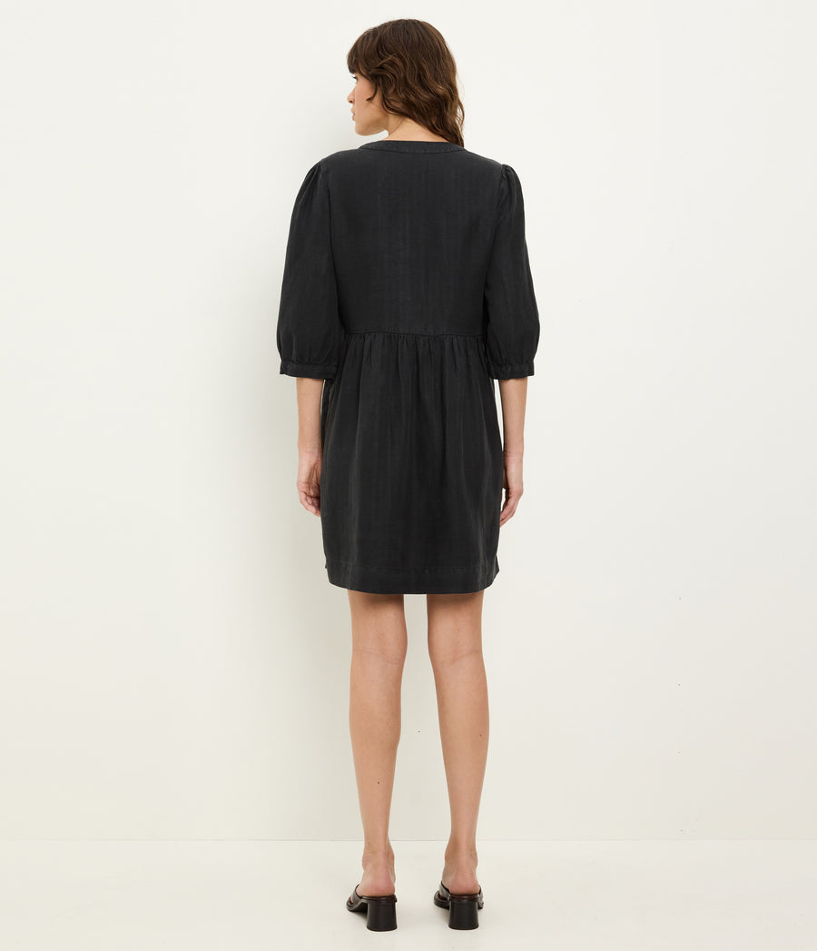 Brielle Linen Mini Dress in Black Back View  #BLACK