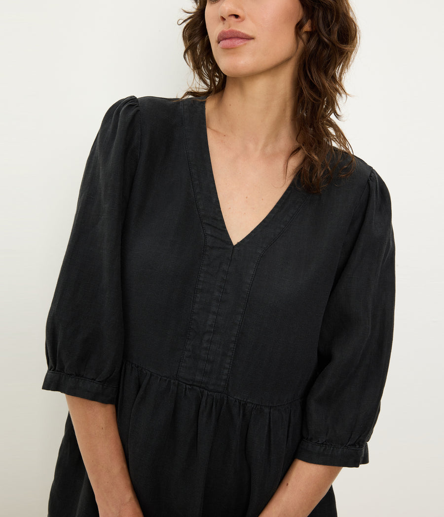 Brielle Linen Mini Dress in Black Close up View #BLACK