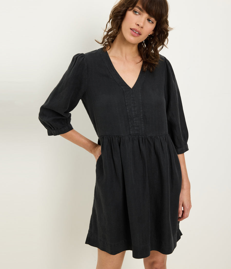 Brielle Linen Mini Dress in Black Close up View #BLACK