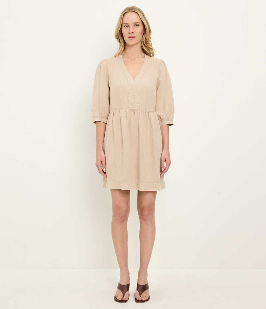 Brielle Linen Mini Dress in MACADAMIA Beige Full Body View #MACADAMIA