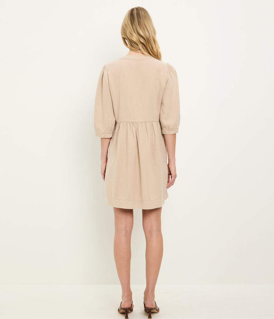 Brielle Linen Mini Dress in MACADAMIA Beige Back View #MACADAMIA