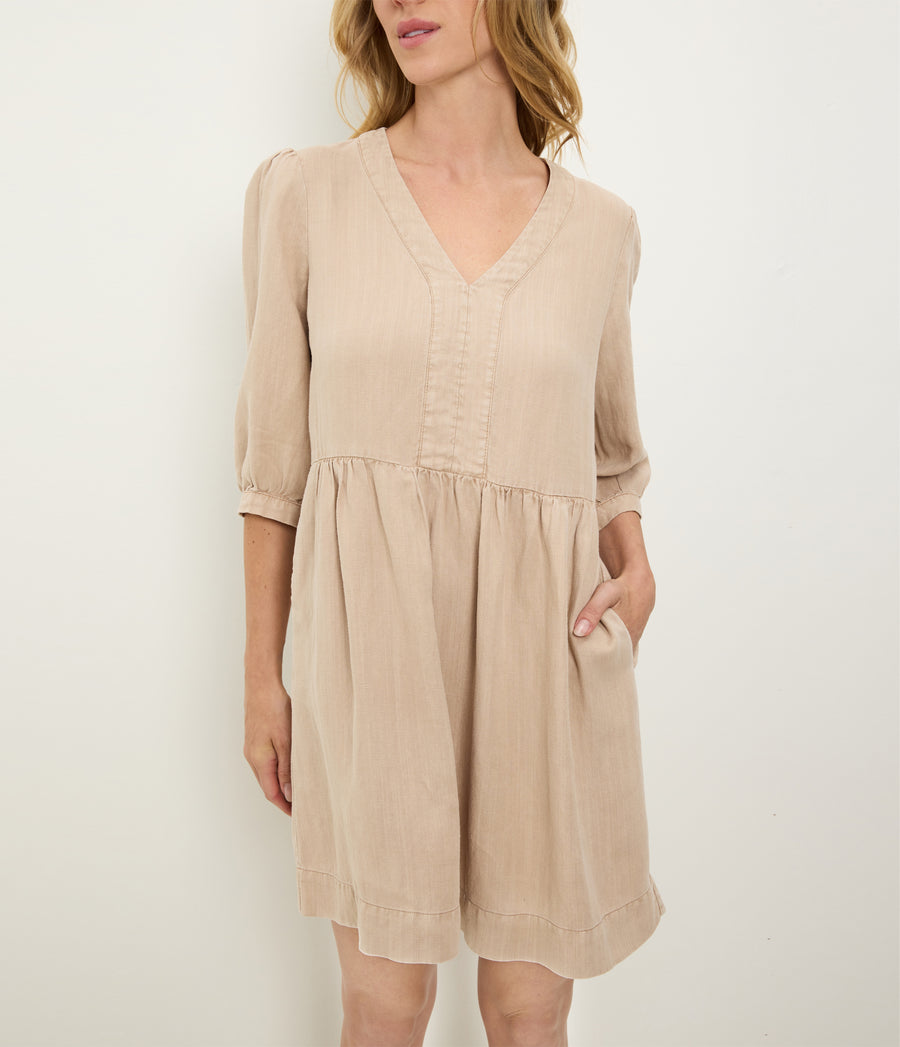Brielle Linen Mini Dress in  MACADAMIA Beige Close up View #MACADAMIA
