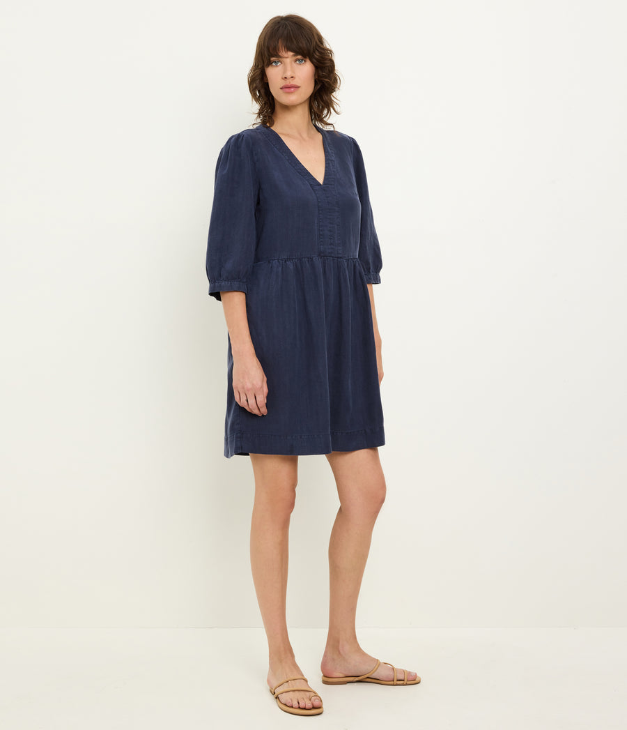 Brielle Linen Mini Dress in Nocturnal Blue Side View #NOCTURNAL