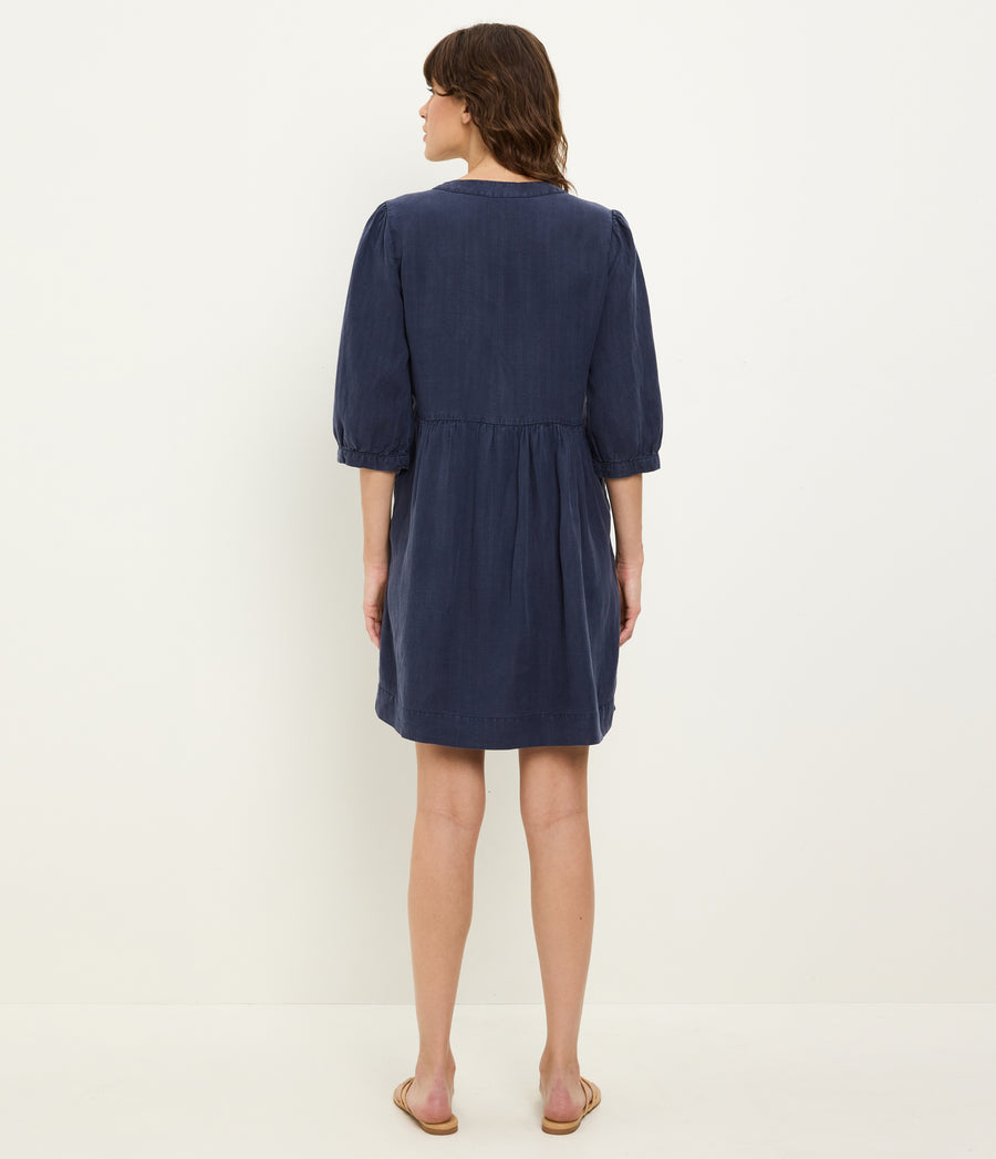 Brielle Linen Mini Dress in Nocturnal Blue Back View  #NOCTURNAL