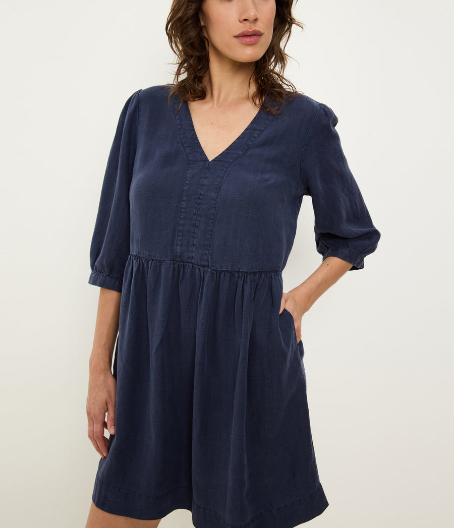 Brielle Linen Mini Dress in Nocturnal Blue Close up View  #NOCTURNAL