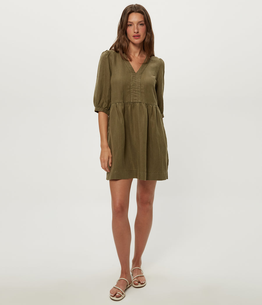 Brielle Linen Mini Dress in CAPER Green Full Body View #CAPER
