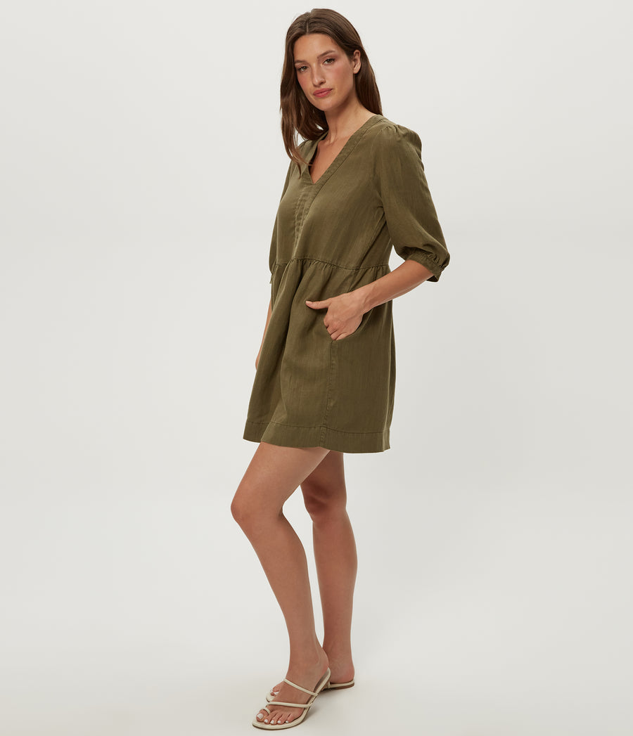 Brielle Linen Mini Dress in CAPER  Green Side View #CAPER
