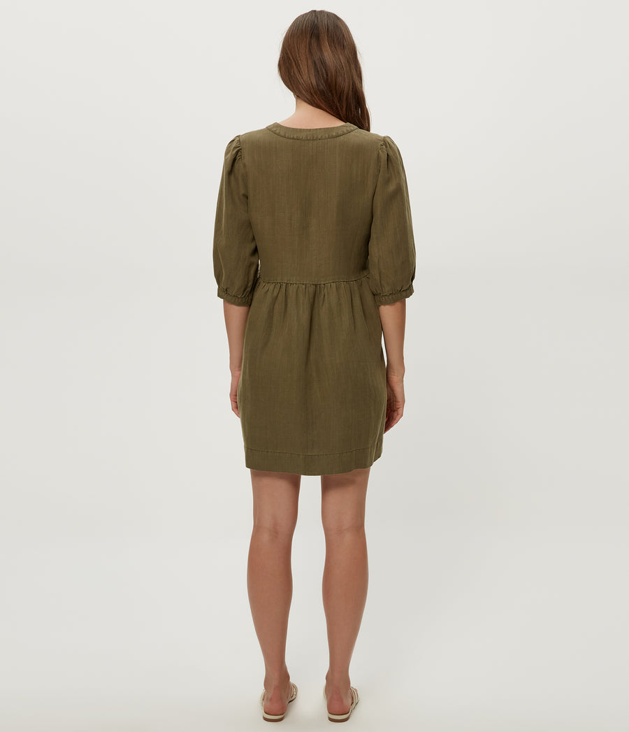 Brielle Linen Mini Dress in CAPER Green Back View #CAPER