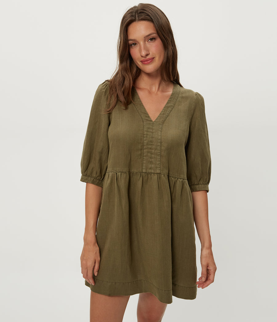 Brielle Linen Mini Dress in CAPER Green Close up View #CAPER
