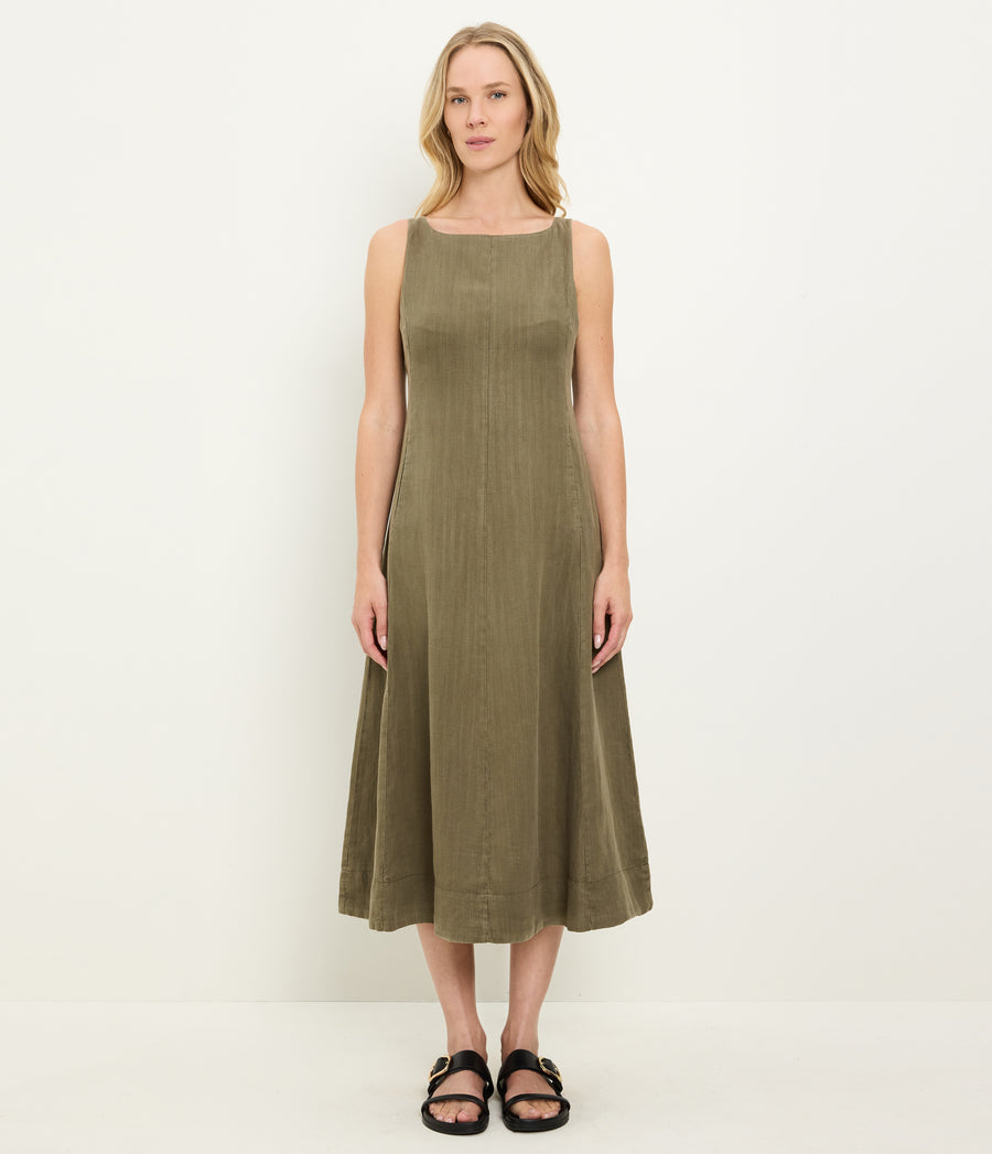 Palmira Linen Midi Dress in CAPER Green Full Body View #CAPER