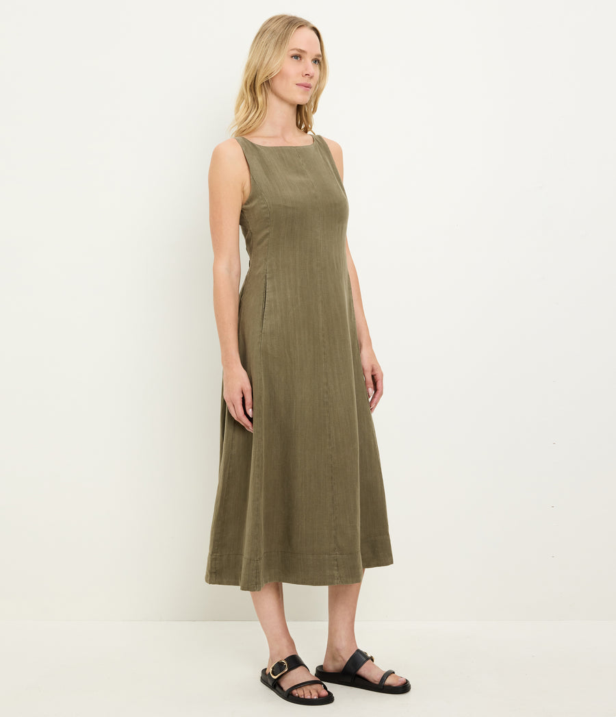 Palmira Linen Midi Dress in CAPER  Green Side View #CAPER