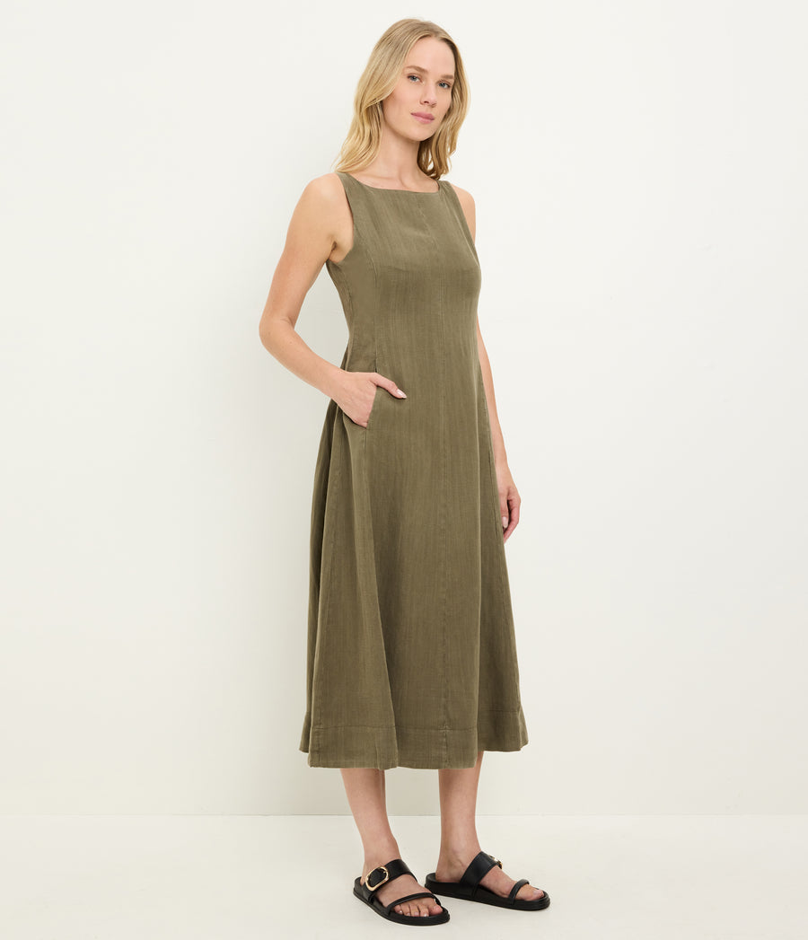 Palmira Linen Midi Dress in CAPER  Green Side View #CAPER