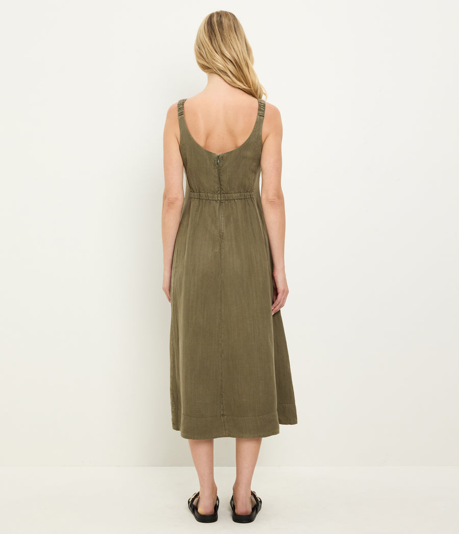 Palmira Linen Midi Dress in CAPER Green Back View #CAPER
