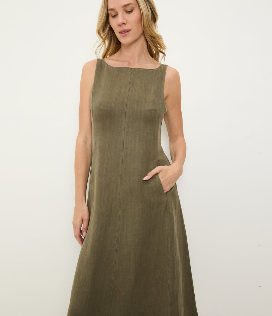Palmira Linen Midi Dress in CAPER Green Close up View #CAPER