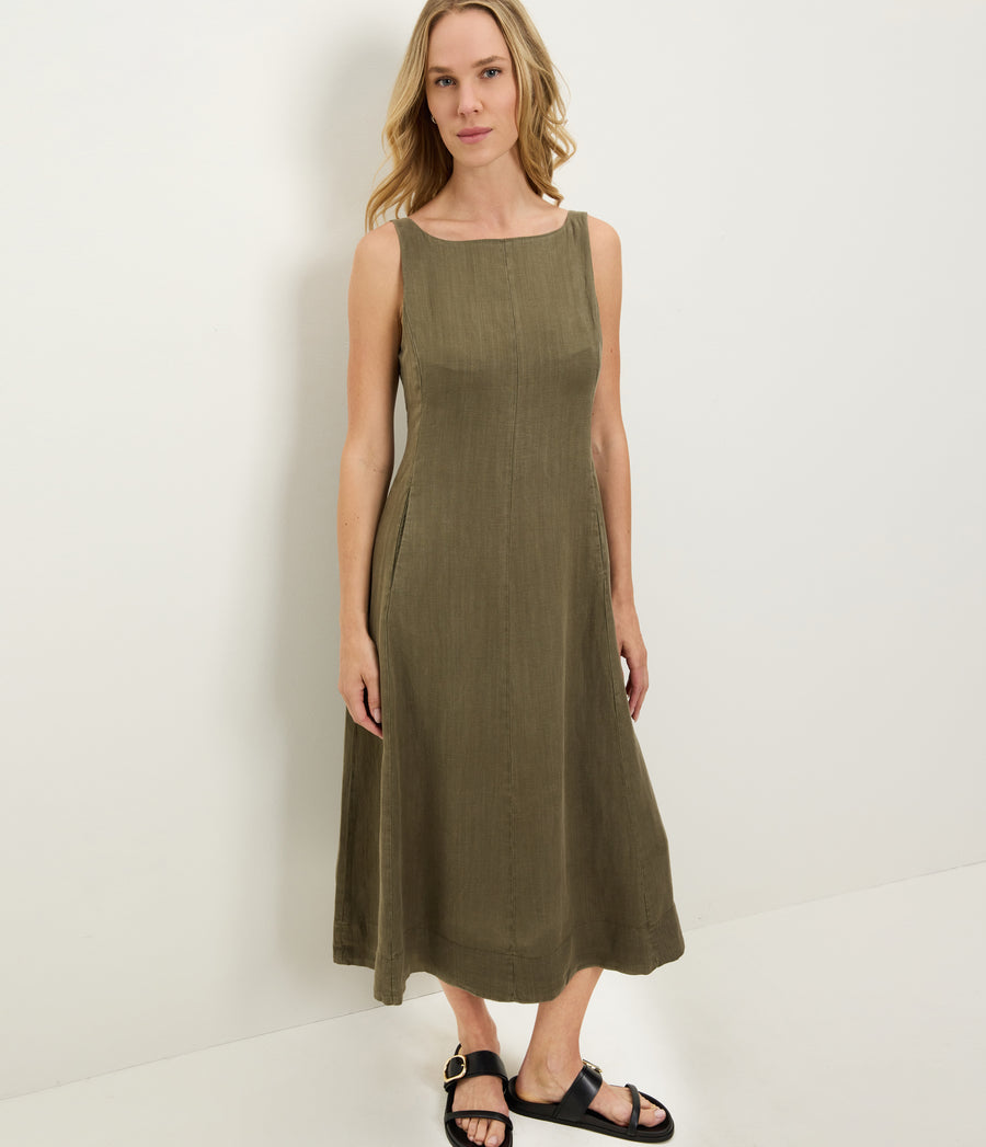 Palmira Linen Midi Dress in CAPER Green Full Body View #CAPER