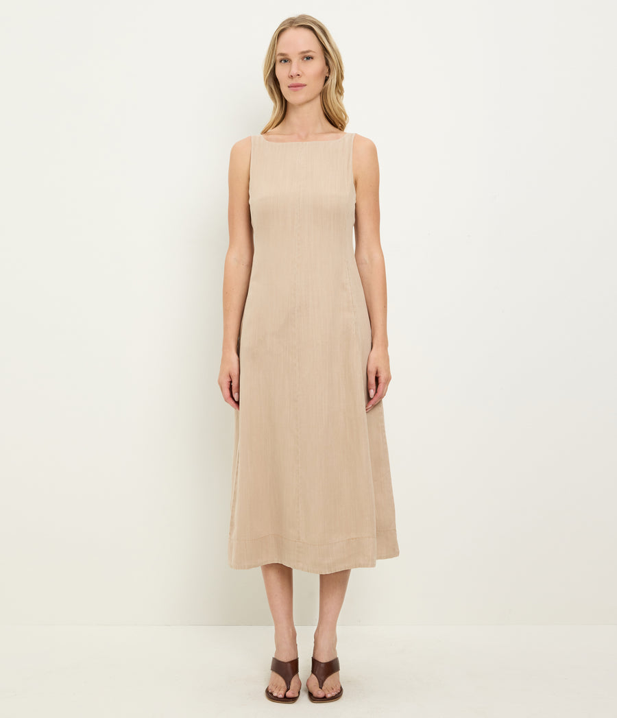 Palmira Linen Midi Dress in  MACADAMIA Beige Full Body View #MACADAMIA