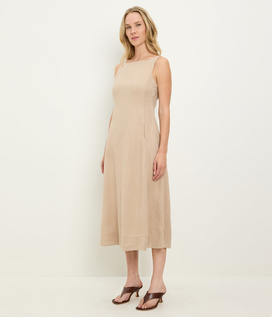 Palmira Linen Midi Dress in  MACADAMIA Beige Side View #MACADAMIA