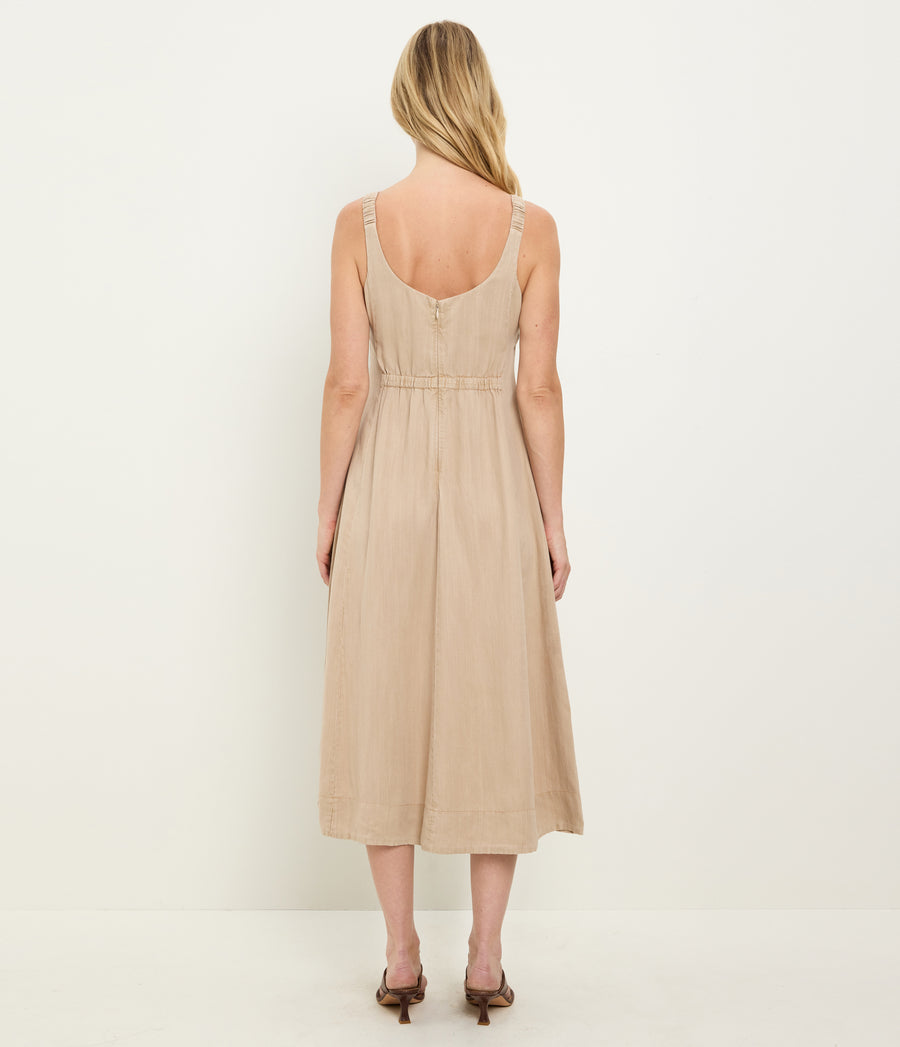 Palmira Linen Midi Dress in  MACADAMIA Beige Back View #MACADAMIA
