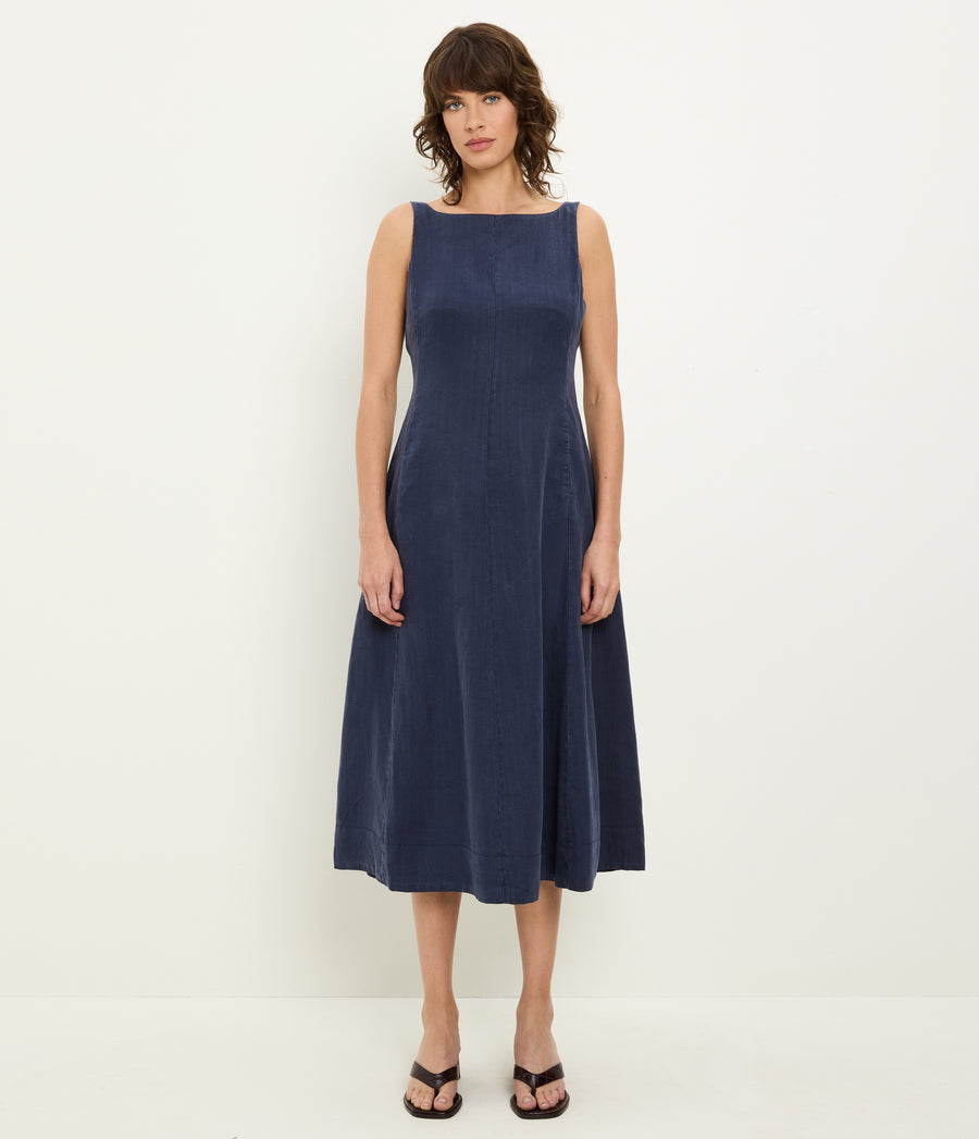 Palmira Linen Midi Dress in Nocturnal Blue Full Body View #NOCTURNAL