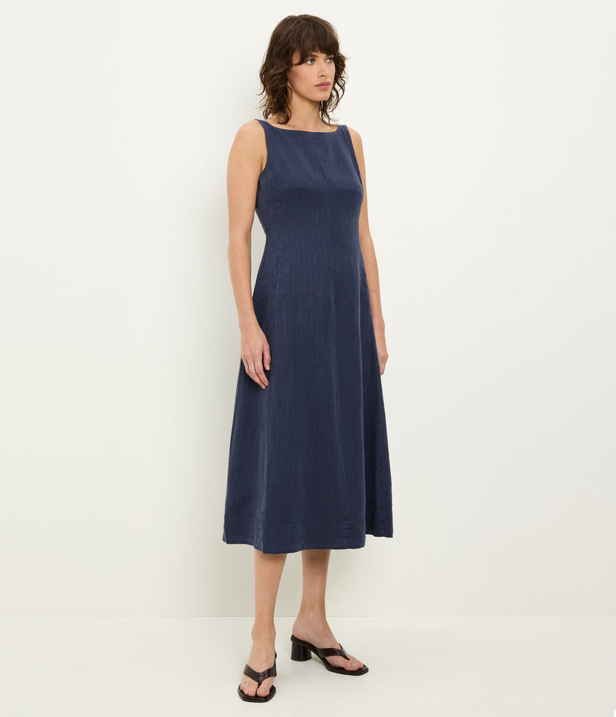 Palmira Linen Midi Dress in Nocturnal Blue Side View #NOCTURNAL