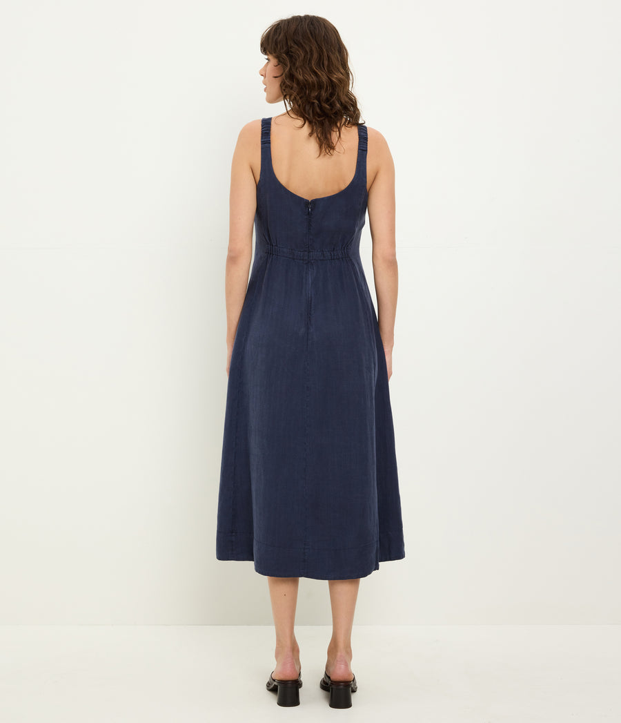 Palmira Linen Midi Dress in Nocturnal Blue Back View #NOCTURNAL