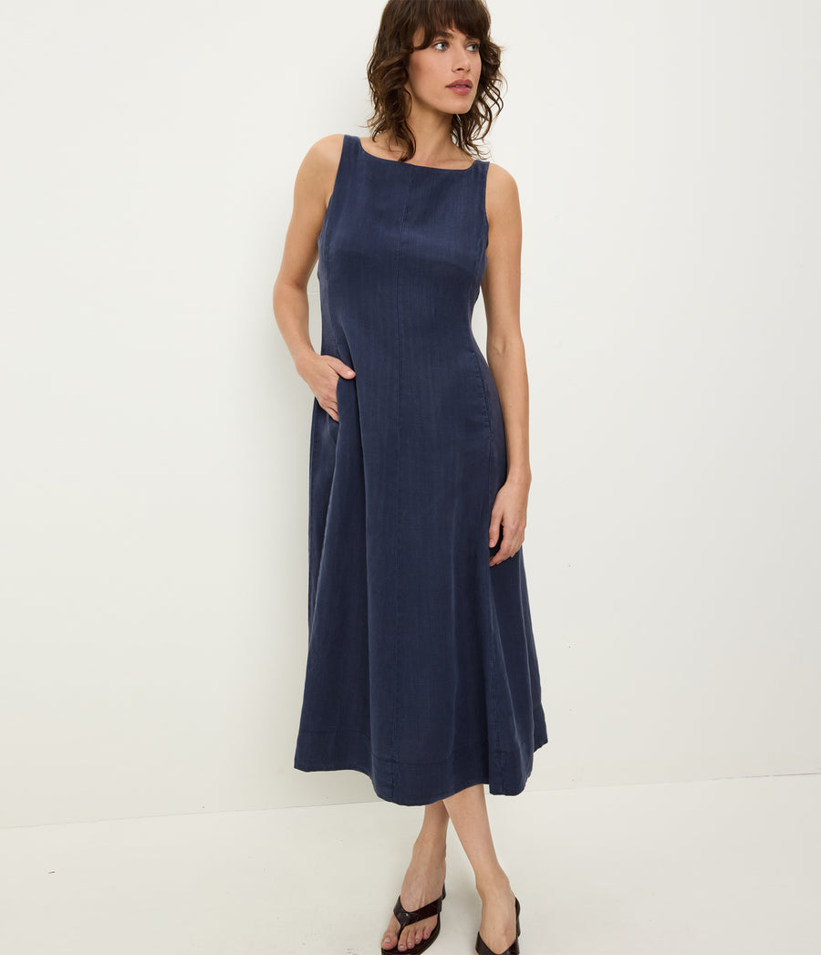 Palmira Linen Midi Dress in Nocturnal Blue Full Body View #NOCTURNAL