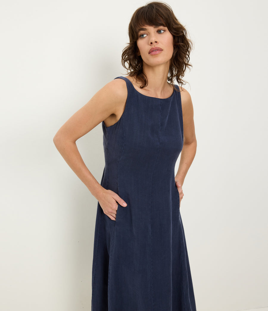 Palmira Linen Midi Dress in Nocturnal Blue Close up View #NOCTURNAL