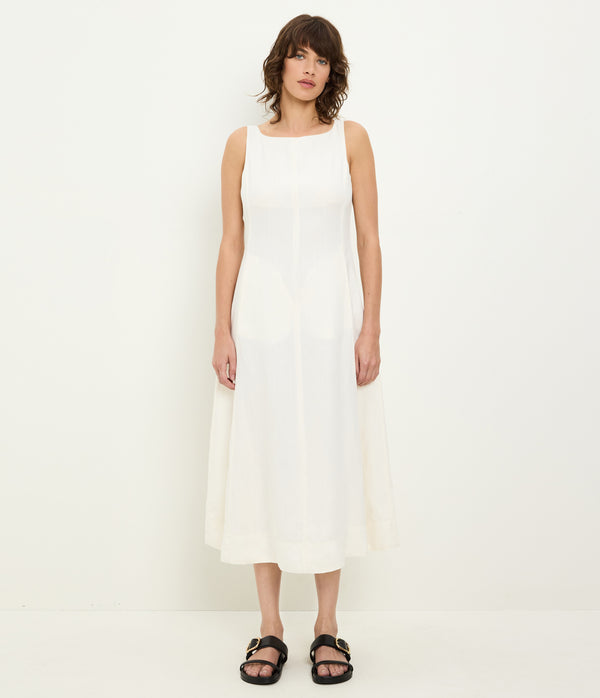 Palmira Linen Midi Dress in Parchment White Full Body View #PARCHMENT