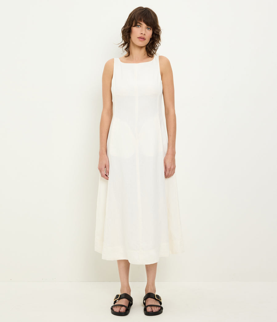 Palmira Linen Midi Dress in Parchment White Full Body View #PARCHMENT