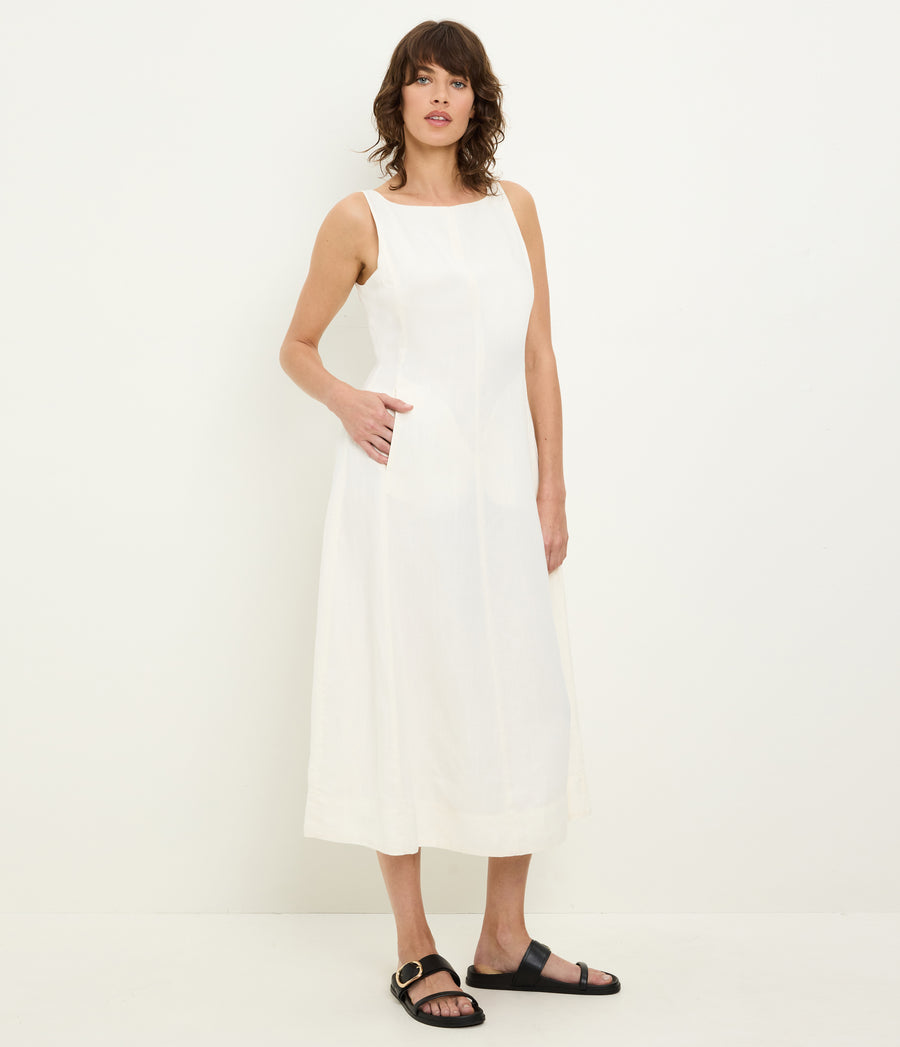 Palmira Linen Midi Dress in Parchment White Full Body View #PARCHMENT
