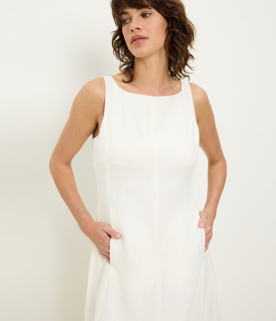 Palmira Linen Midi Dress in Parchment White Close up View #PARCHMENT