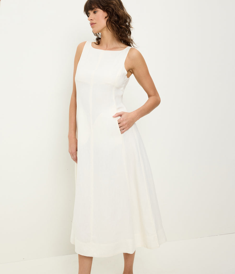 Palmira Linen Midi Dress in Parchment White Side View #PARCHMENT
