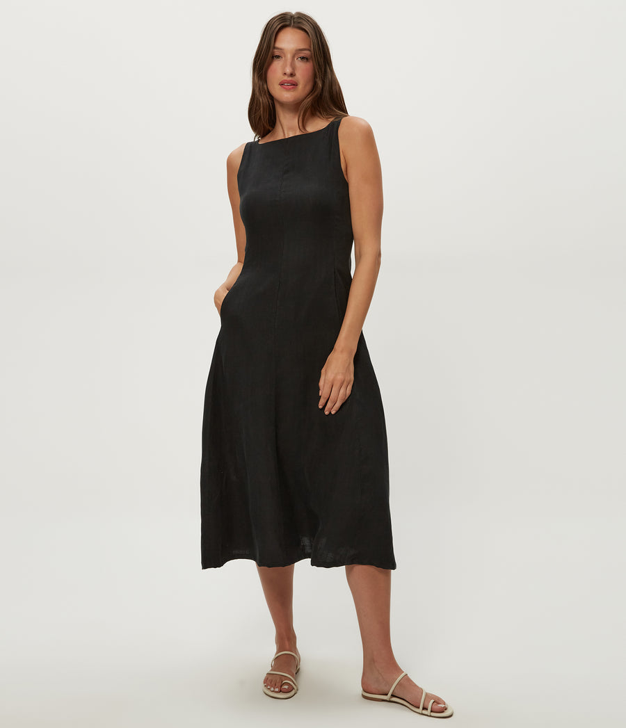 Palmira Linen Midi Dress in Black Full Body View #BLACK