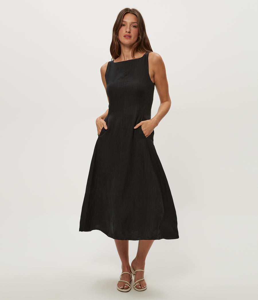 Palmira Linen Midi Dress in Black Full Body View #BLACK