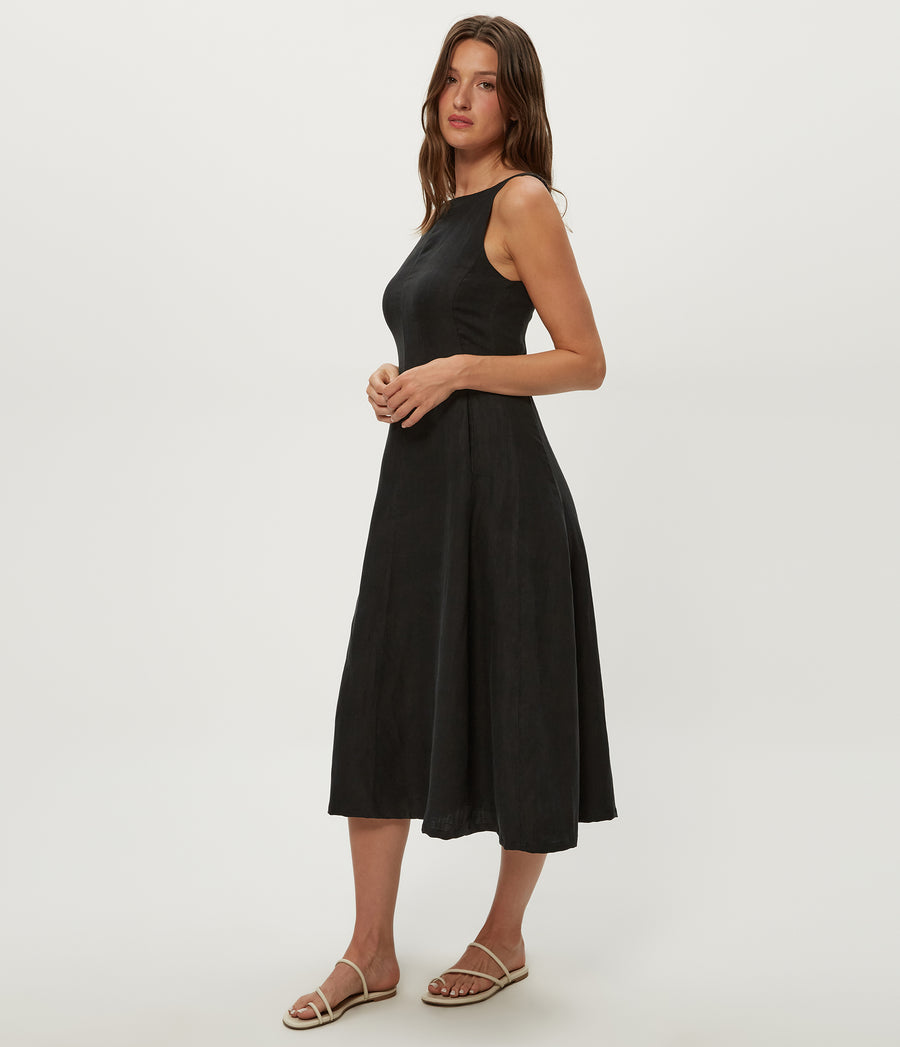 Palmira Linen Midi Dress in Black Side View #BLACK