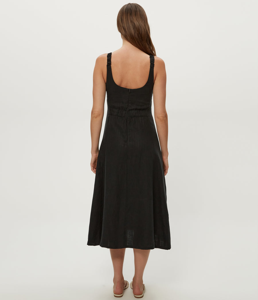 Palmira Linen Midi Dress in Black Back View #BLACK