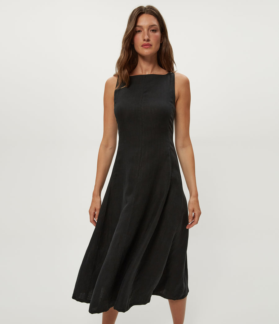 Palmira Linen Midi Dress in Black Close up View #BLACK
