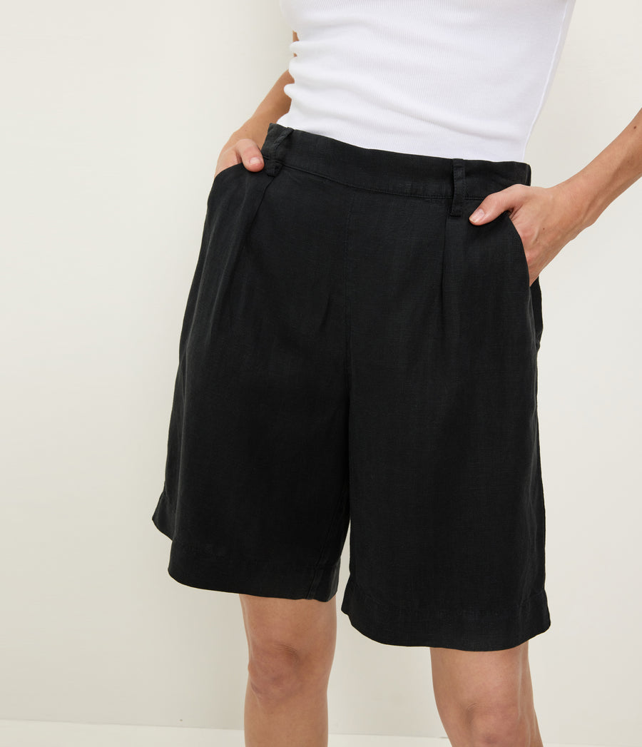 Lacey Linen Short in Black Close up View #BLACK