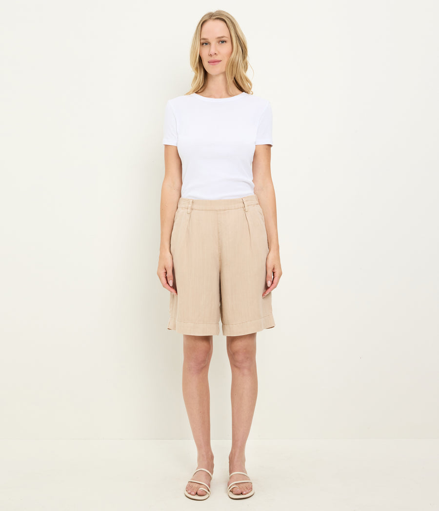 Lacey Linen Short in  MACADAMIA Beige Full Body View #MACADAMIA