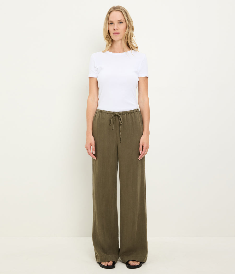 Marissa Linen Drawstring Pant in CAPER Green Full Body View #CAPER