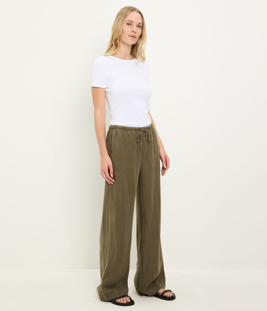 Marissa Linen Drawstring Pant in CAPER  Green Side View #CAPER