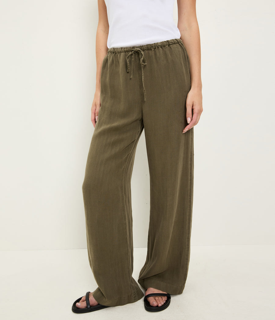 Marissa Linen Drawstring Pant in CAPER Green Close up View #CAPER
