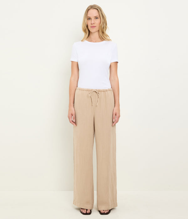 Marissa Linen Drawstring Pant in  MACADAMIA Beige Full Body View #MACADAMIA