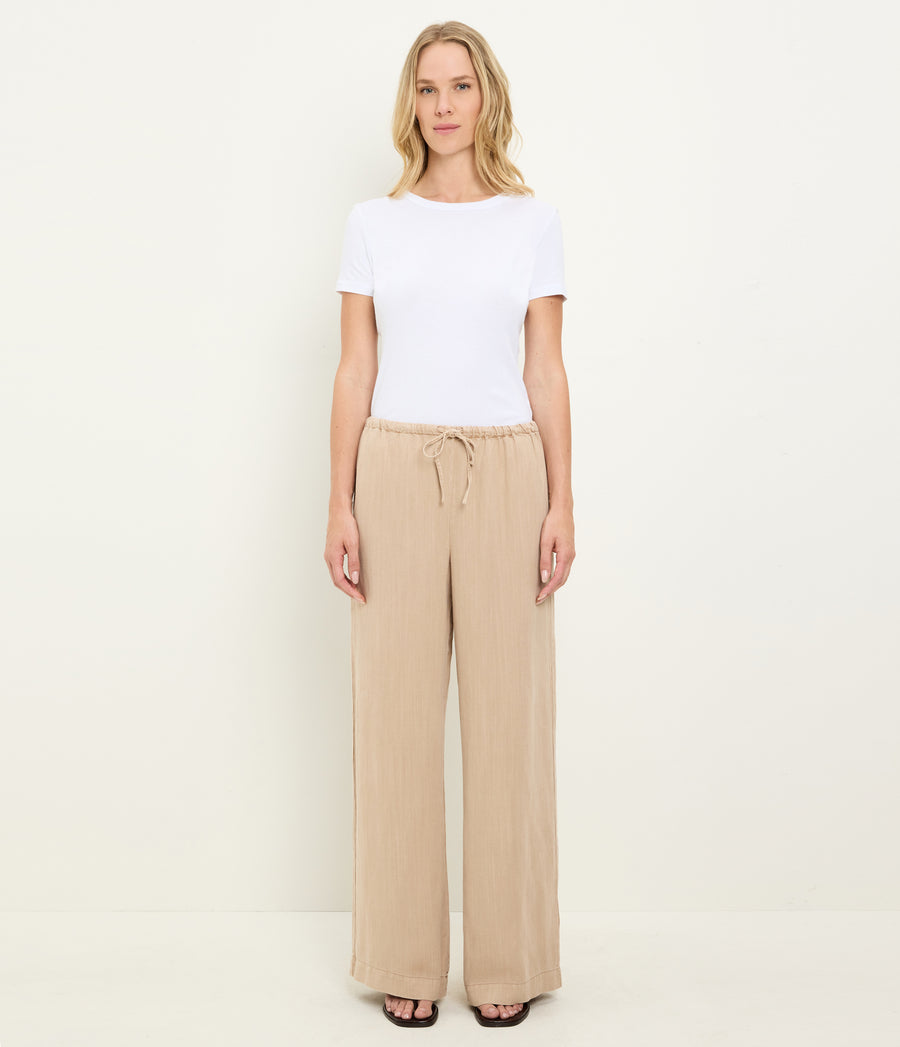 Marissa Linen Drawstring Pant in  MACADAMIA Beige Full Body View #MACADAMIA