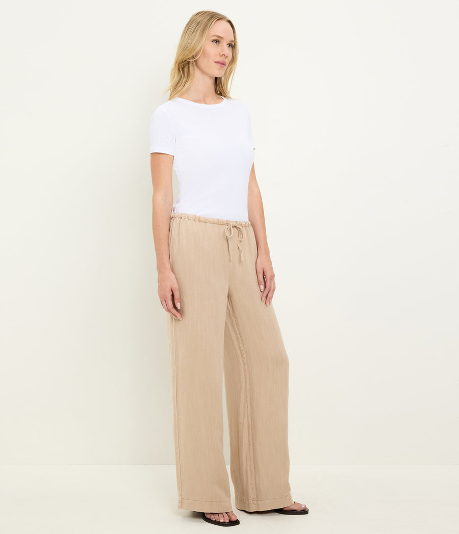 Marissa Linen Drawstring Pant in  MACADAMIA Beige Side View #MACADAMIA