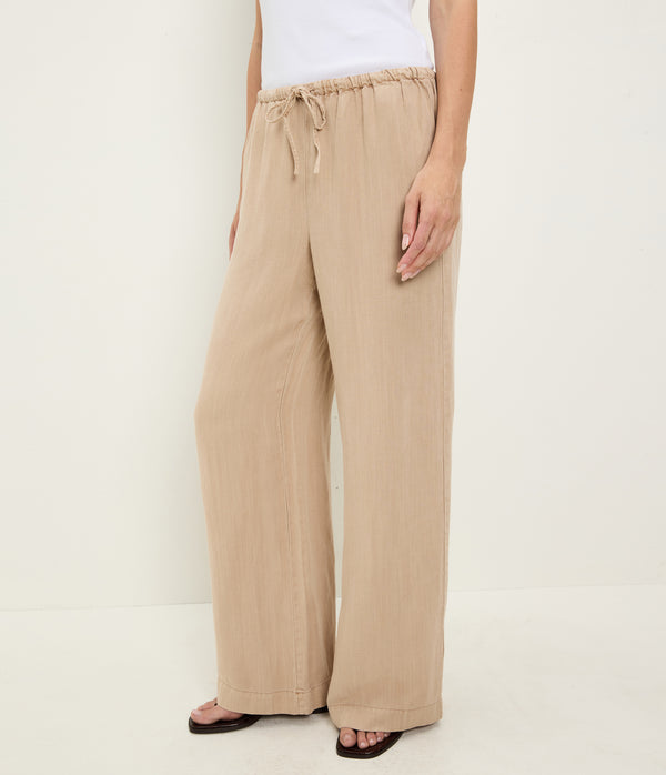 Marissa Linen Drawstring Pant in  MACADAMIA Beige Close up View #MACADAMIA