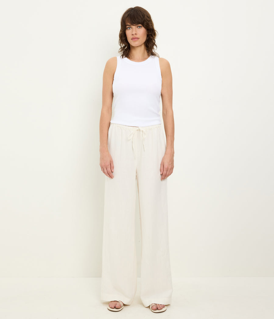 Marissa Linen Drawstring Pant in Parchment White Full Body View# PARCHMENT