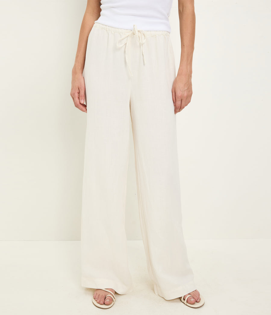 Marissa Linen Drawstring Pant in Parchment White Close up View #PARCHMENT